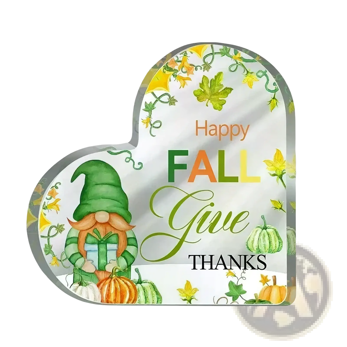 Heart-shaped acrylic Christmas heart desktop ornament stand with painted green gnome holding pumpkins and autumn leaves