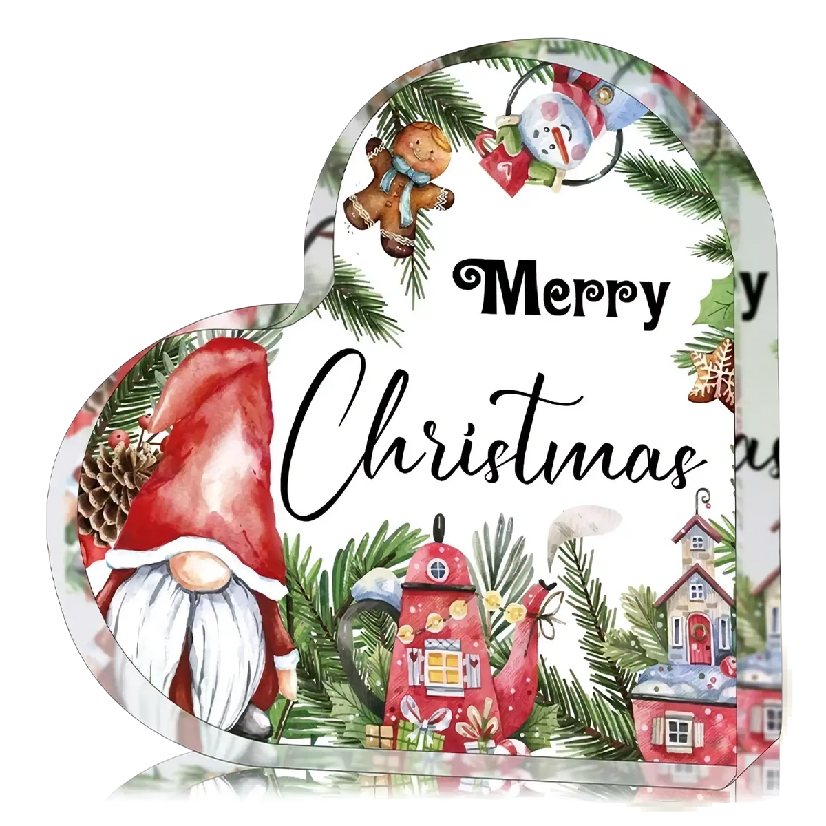 Acrylic christmas heart desktop ornament stand with watercolor red-clad gnome pine branches and festive houses design