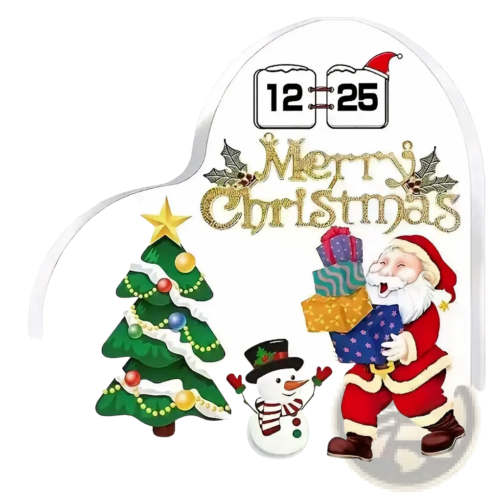 White heart-shaped acrylic christmas advent calendar ornament stand with gold merry christmas text and festive illustrations