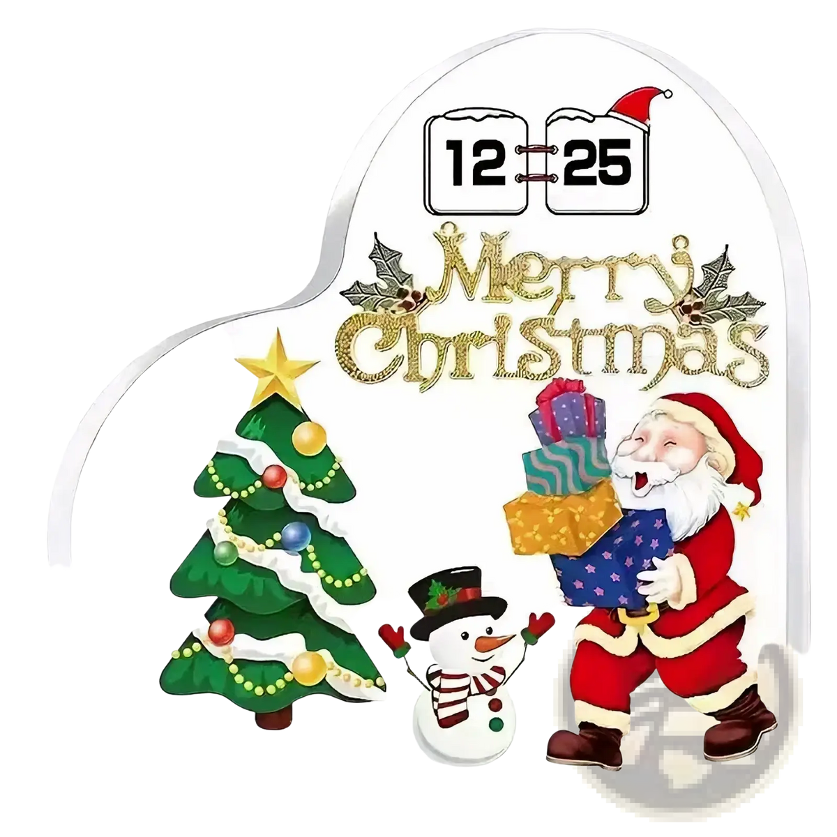 White heart-shaped acrylic christmas advent calendar ornament stand with gold merry christmas text and festive illustrations