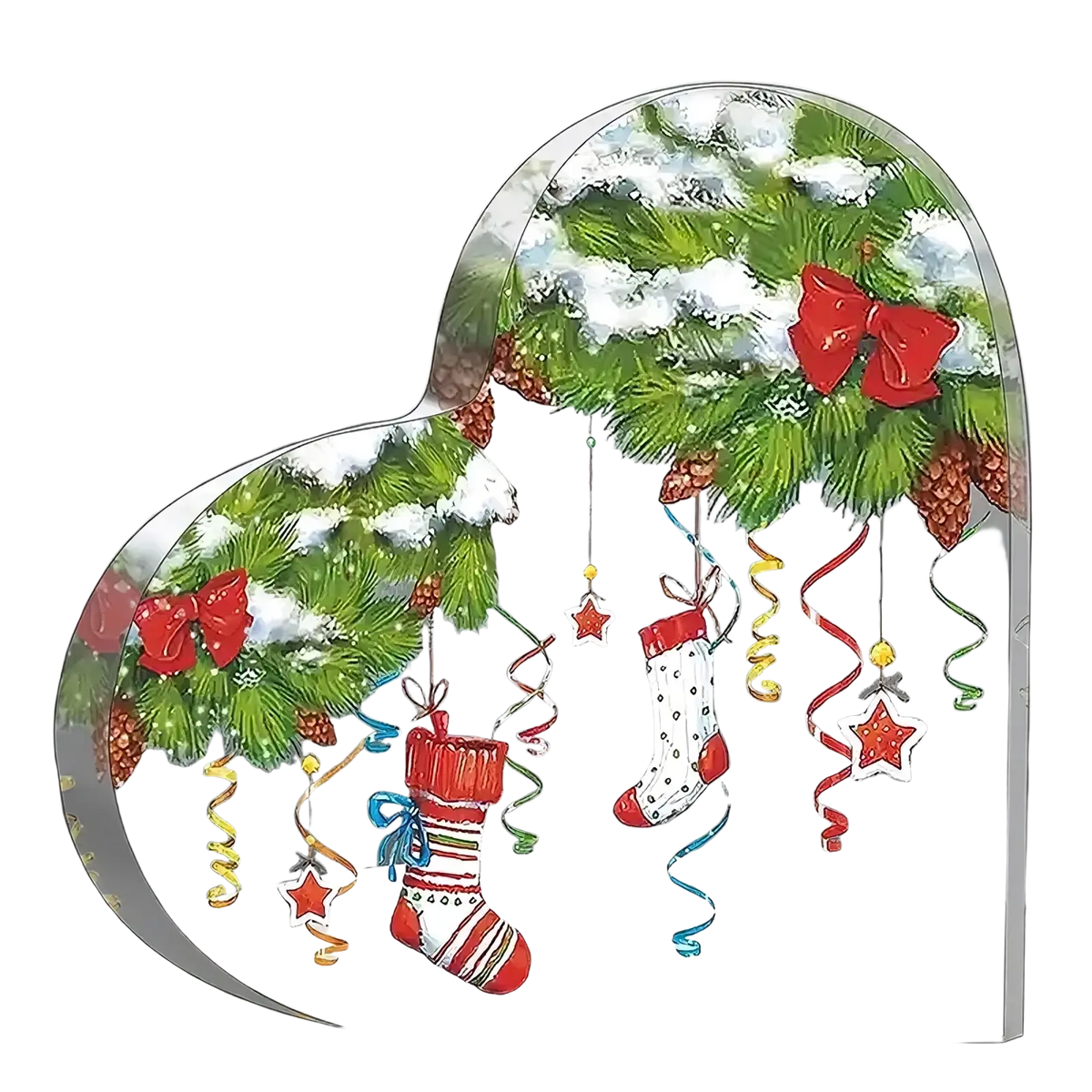Clear acrylic heart ornament with festive christmas scene of snow-dusted greenery red bows pinecones and hanging ornaments