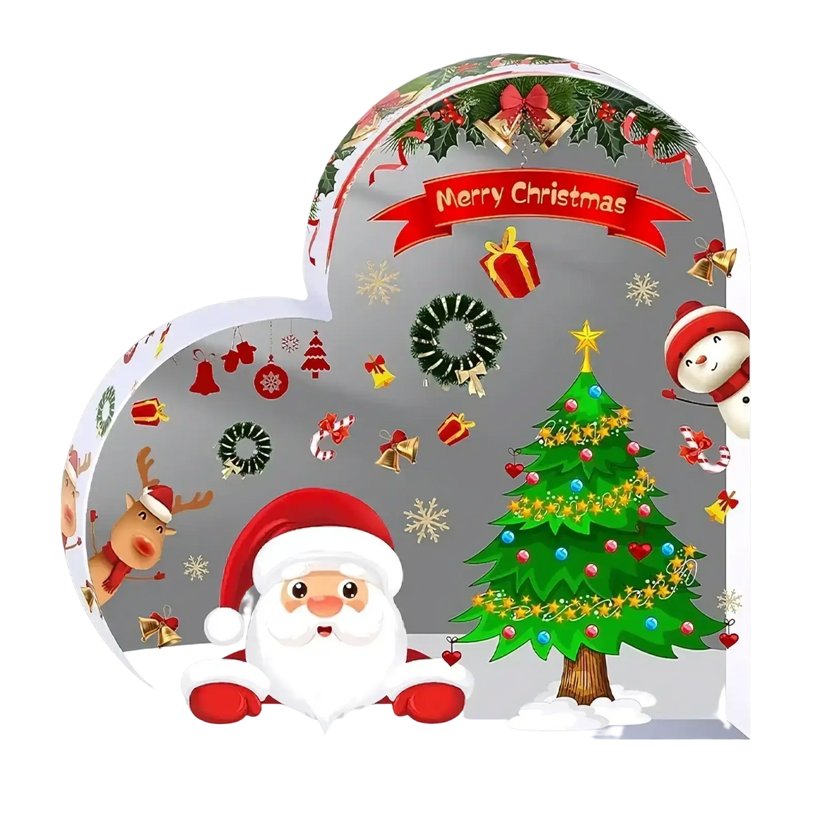 Acrylic christmas heart ornament with santa and tree festive decal on clear desktop stand for holiday decor