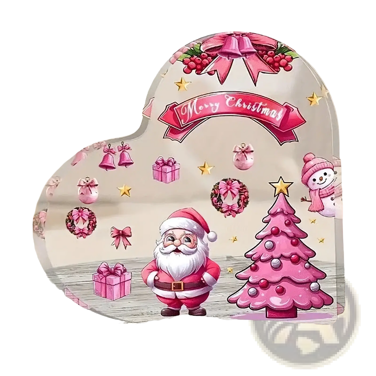 Pink christmas heart ornament desktop stand made of clear acrylic featuring santa tree and festive ornaments