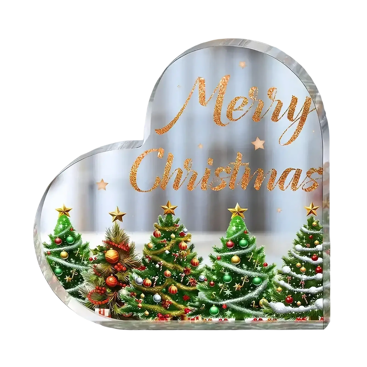 Acrylic christmas heart ornament with glittery gold merry christmas text and decorated trees on desktop stand