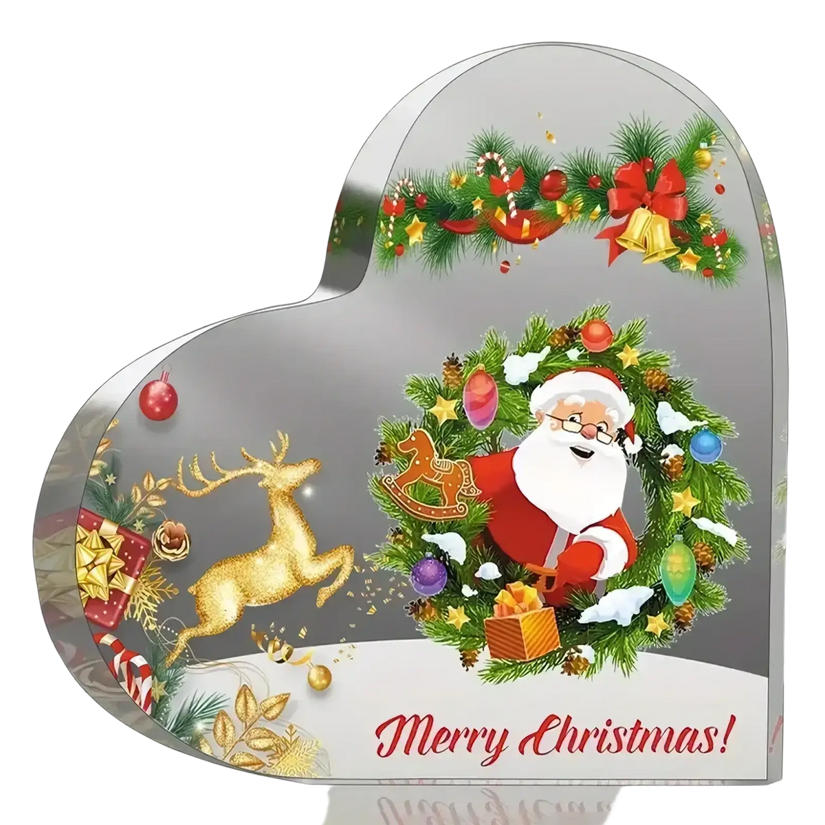 Acrylic christmas heart ornament with heart-shaped metallic tin featuring santa wreath on desktop stand