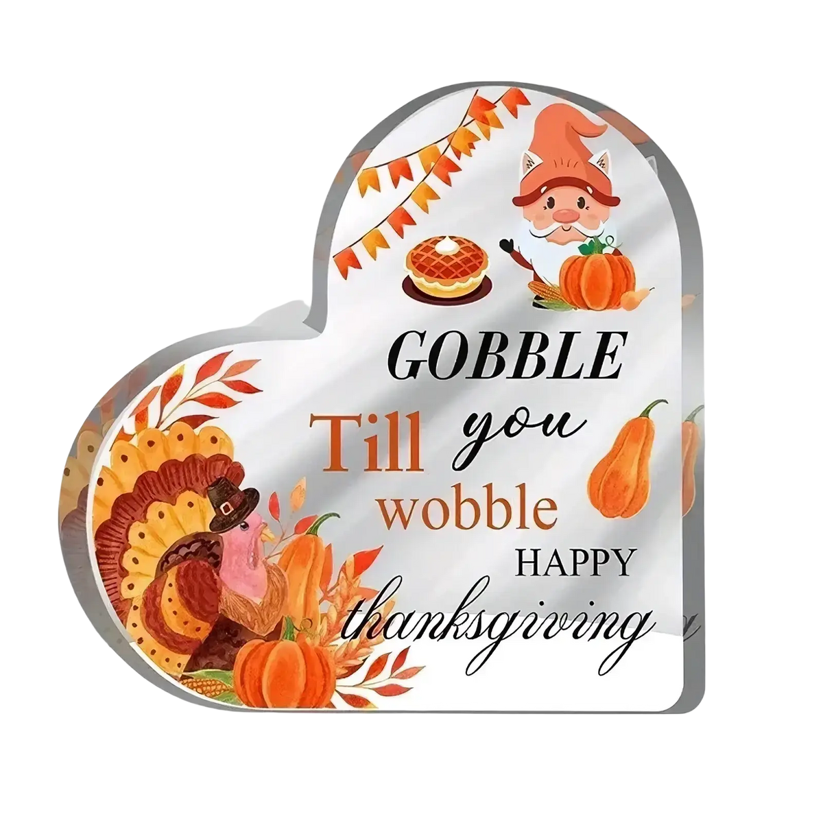 Heart-shaped acrylic christmas heart ornament with glossy finish on desktop stand featuring thanksgiving designs