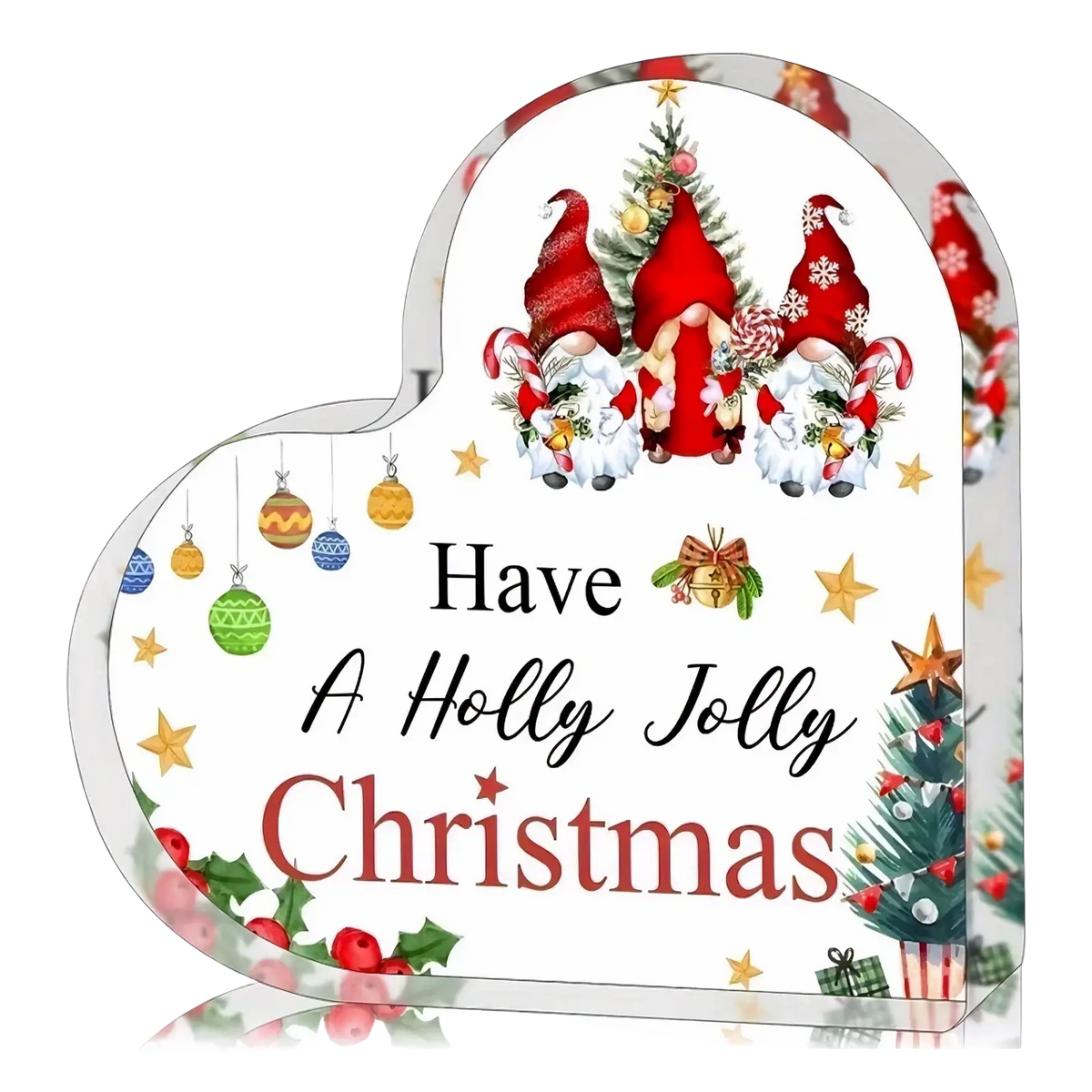Acrylic christmas heart ornament desktop stand featuring heart-shaped decoration with festive gnomes and holly jolly christmas text