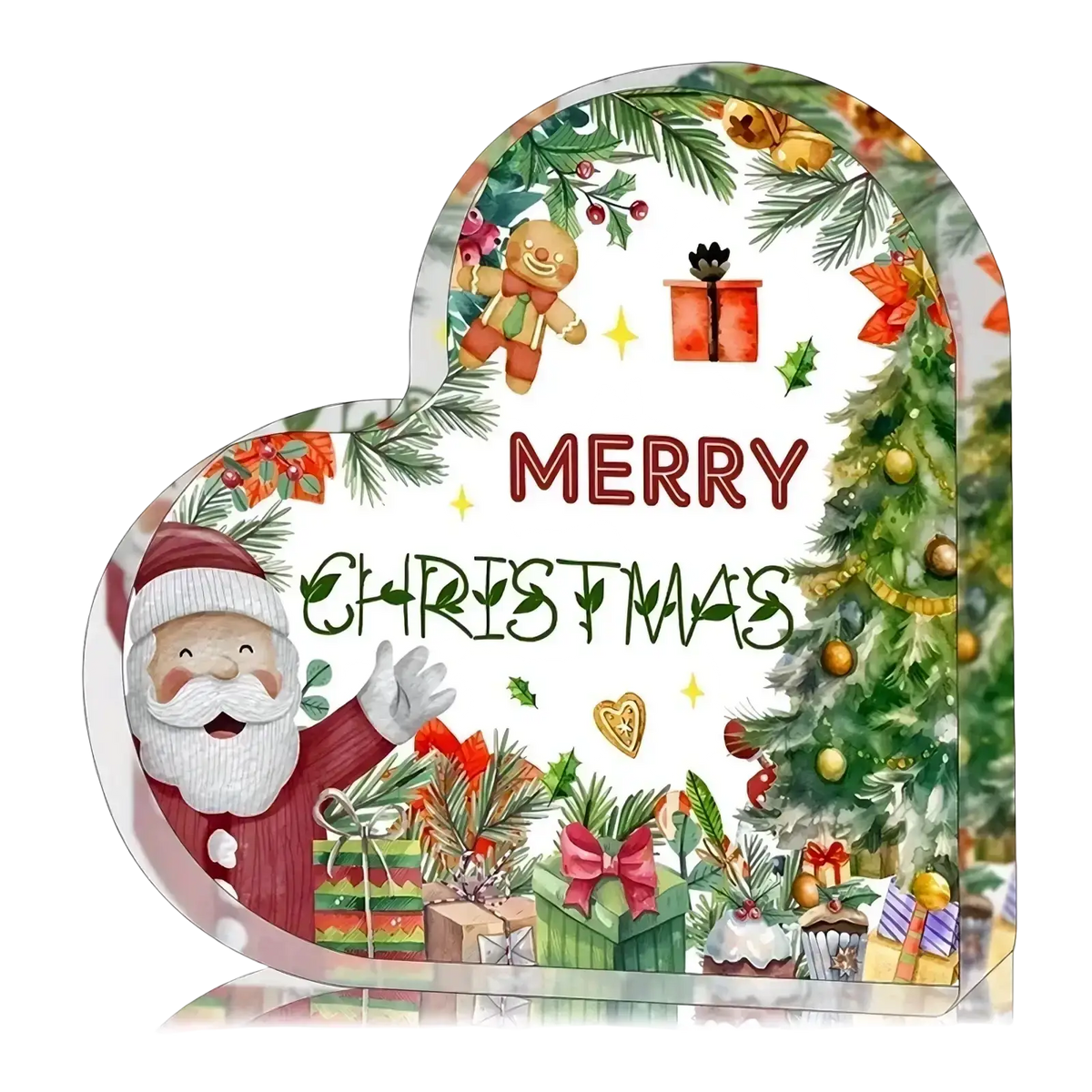Heart-shaped acrylic christmas ornament with santa, gingerbread man, and tree on desktop stand for festive decor