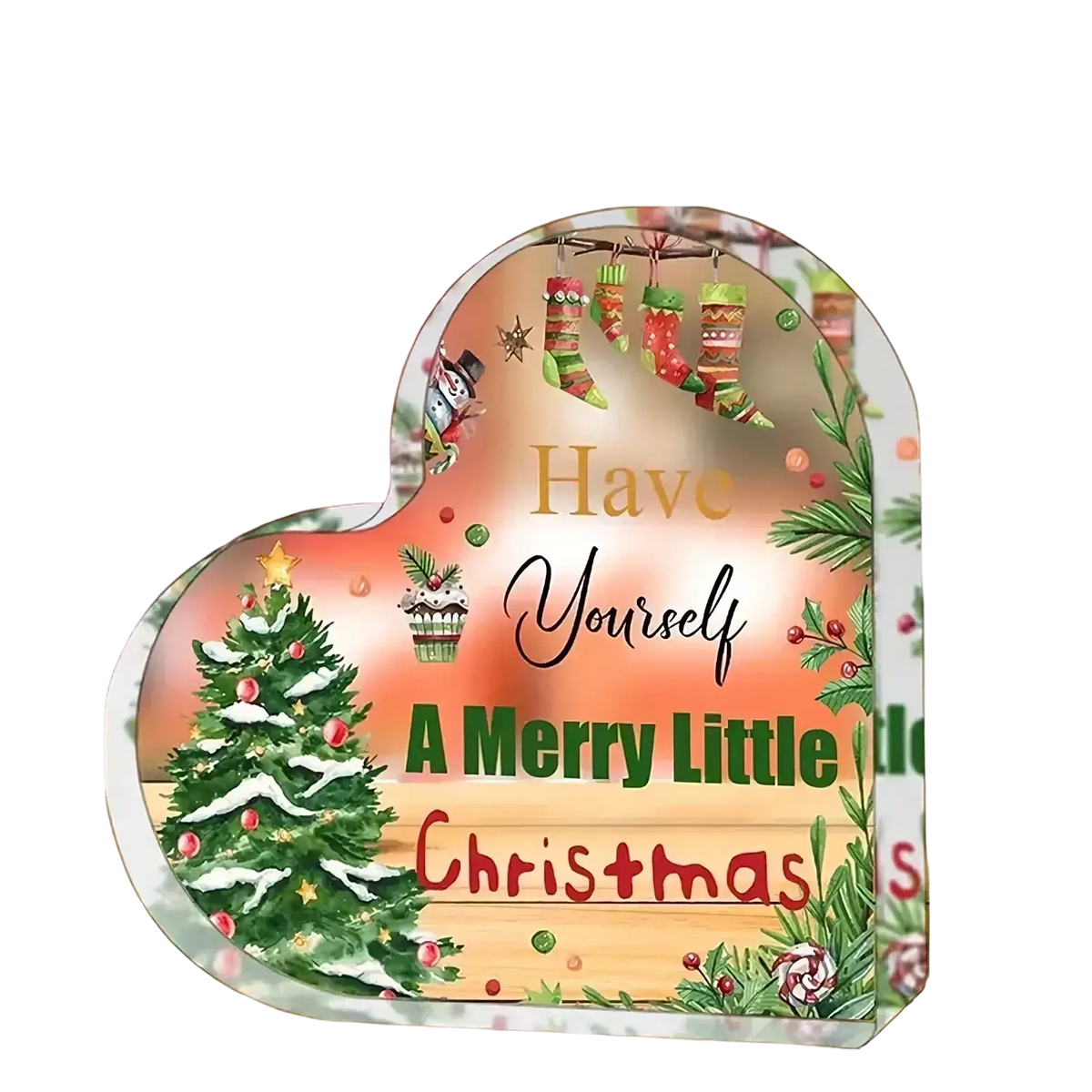 Heart ornament acrylic christmas desktop stand featuring festive snow-covered tree stockings and merry christmas text