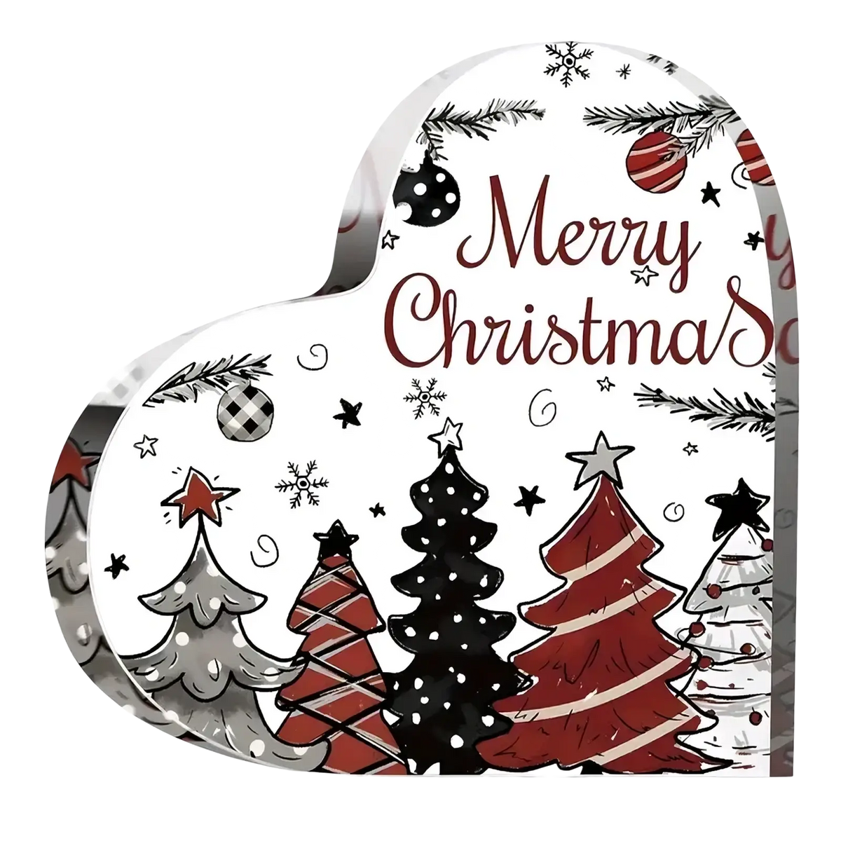 Acrylic Christmas heart ornament desktop stand with white surface decorated with black red silver pine trees and merry christmas text