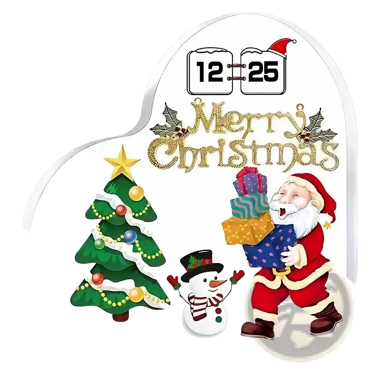 Heart-shaped acrylic christmas advent calendar ornament with santa claus tree and snowman on white background