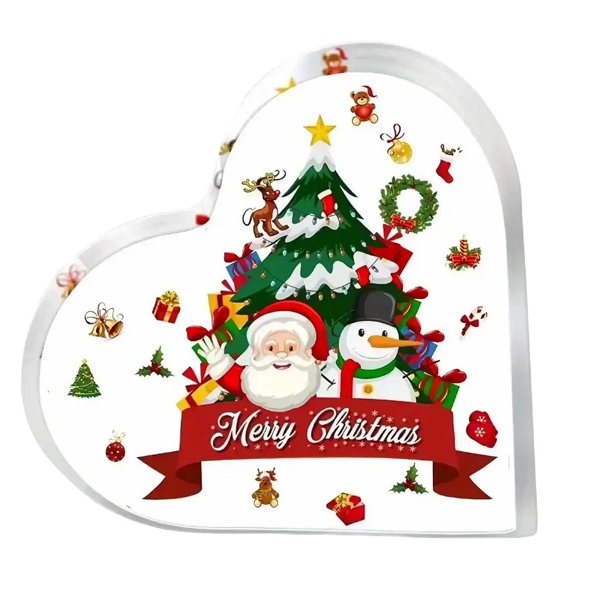 Heart-shaped acrylic christmas candy dish with white glossy finish and festive santa snowman design on desktop stand
