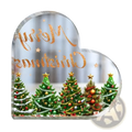 Heart-shaped transparent acrylic christmas ornament with glittery gold merry christmas script and decorated green trees