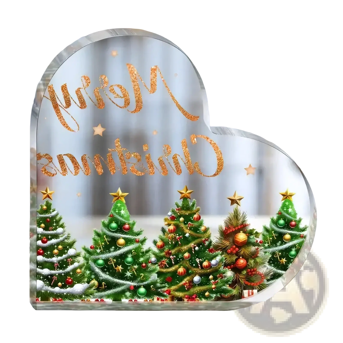 Heart-shaped transparent acrylic christmas ornament with glittery gold merry christmas script and decorated green trees
