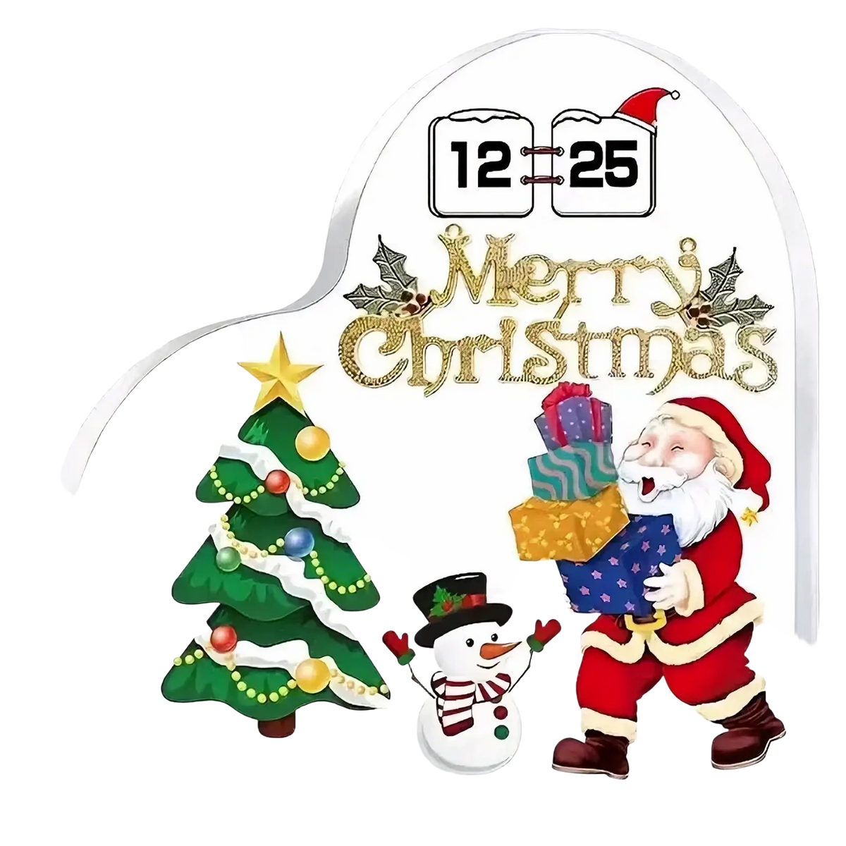 Acrylic Christmas heart ornament desktop stand with white heart-shaped advent calendar and gold glitter festive illustrations