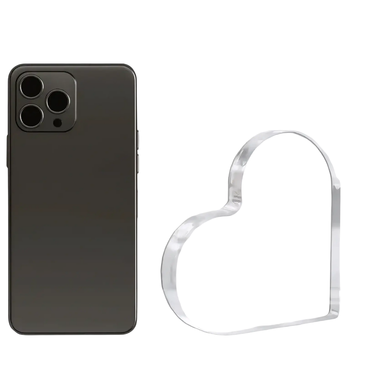 Clear acrylic heart-shaped phone stand 10cm tall and wide used as an acrylic Christmas heart tabletop decoration