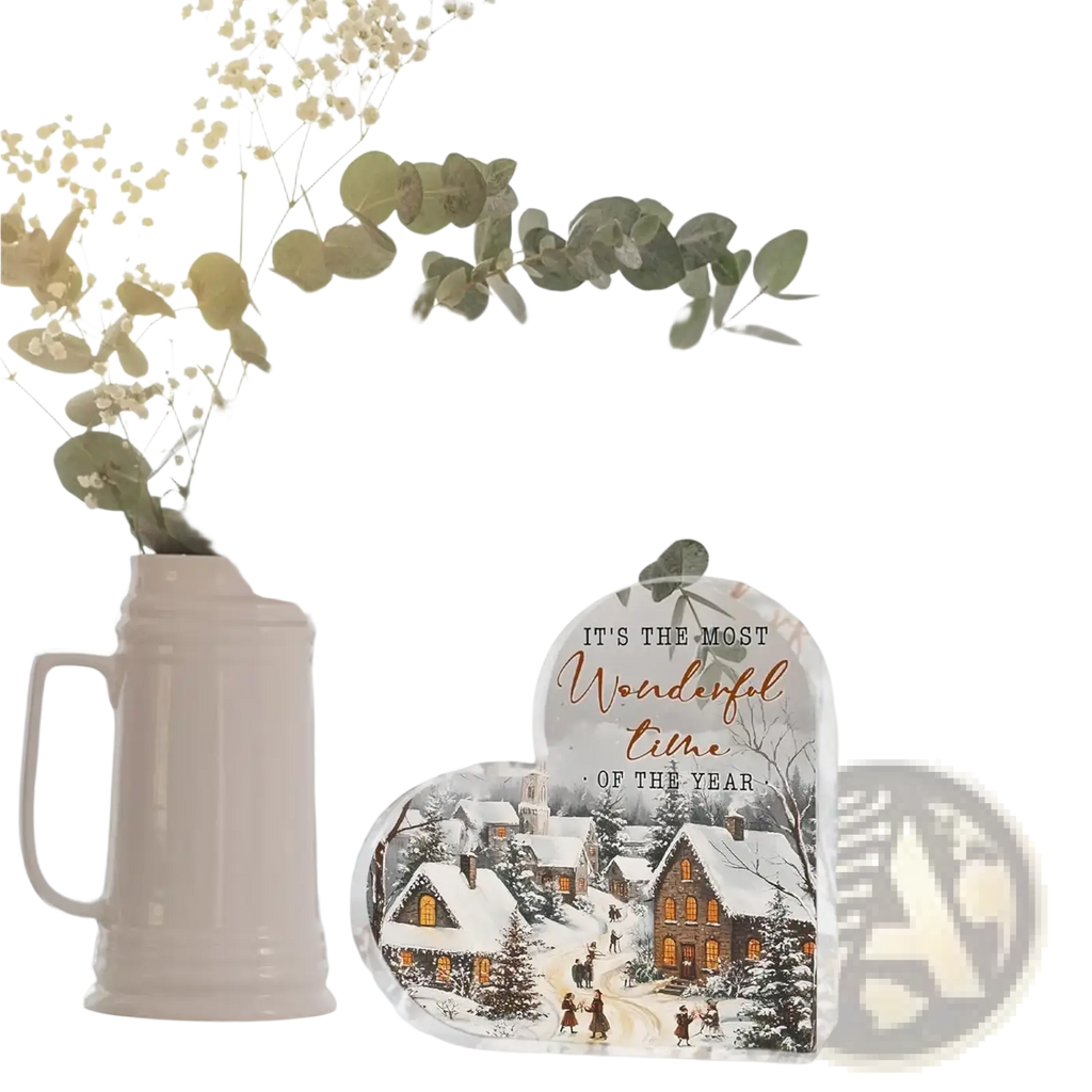 Acrylic heart-shaped led tabletop decoration with snowy village scene and illuminated text for Christmas decor