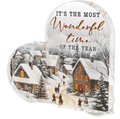 Acrylic Christmas heart tabletop decoration with snowy village scene and warm-lit windows featuring festive script