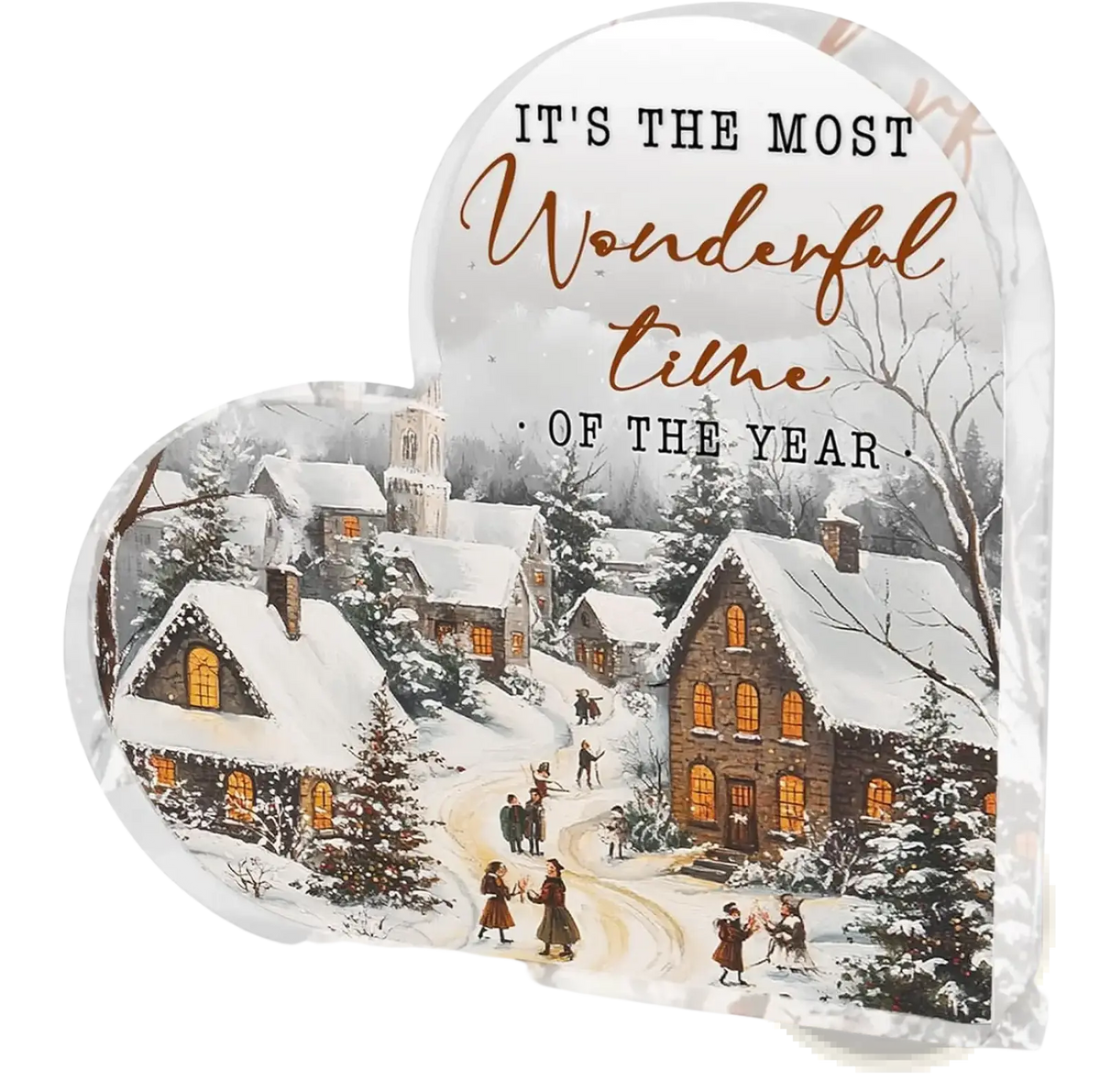 Acrylic Christmas heart tabletop decoration with snowy village scene and warm-lit windows featuring festive script