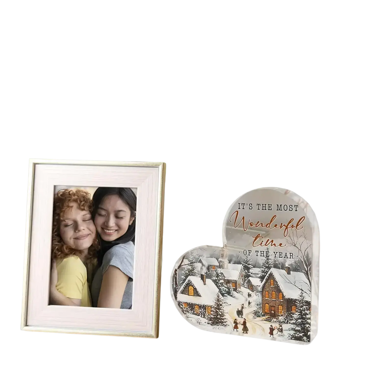 White framed acrylic christmas heart tabletop decoration featuring a smiling young girl and woman photo display