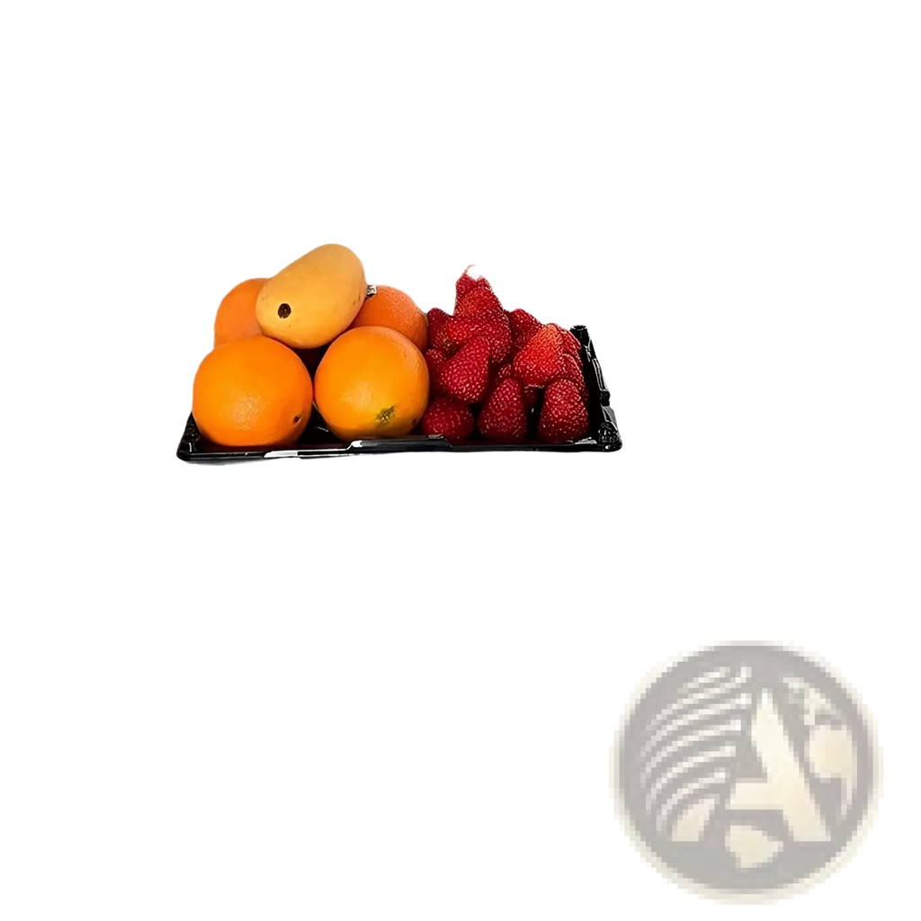 Acrylic cutting board non slip clear kitchen mat with black plastic tray holding bright oranges and vibrant strawberries