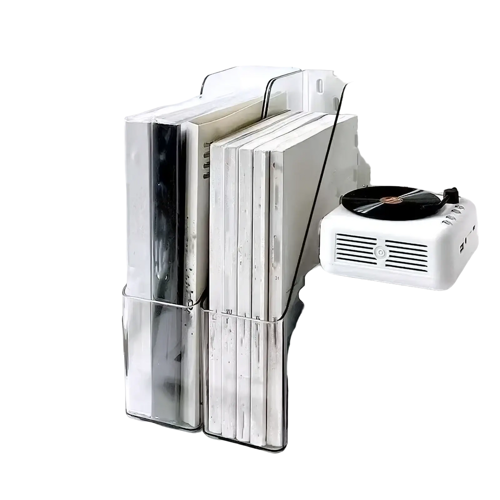 Clear acrylic desktop book stand and file organizer holding stacked binders for office use