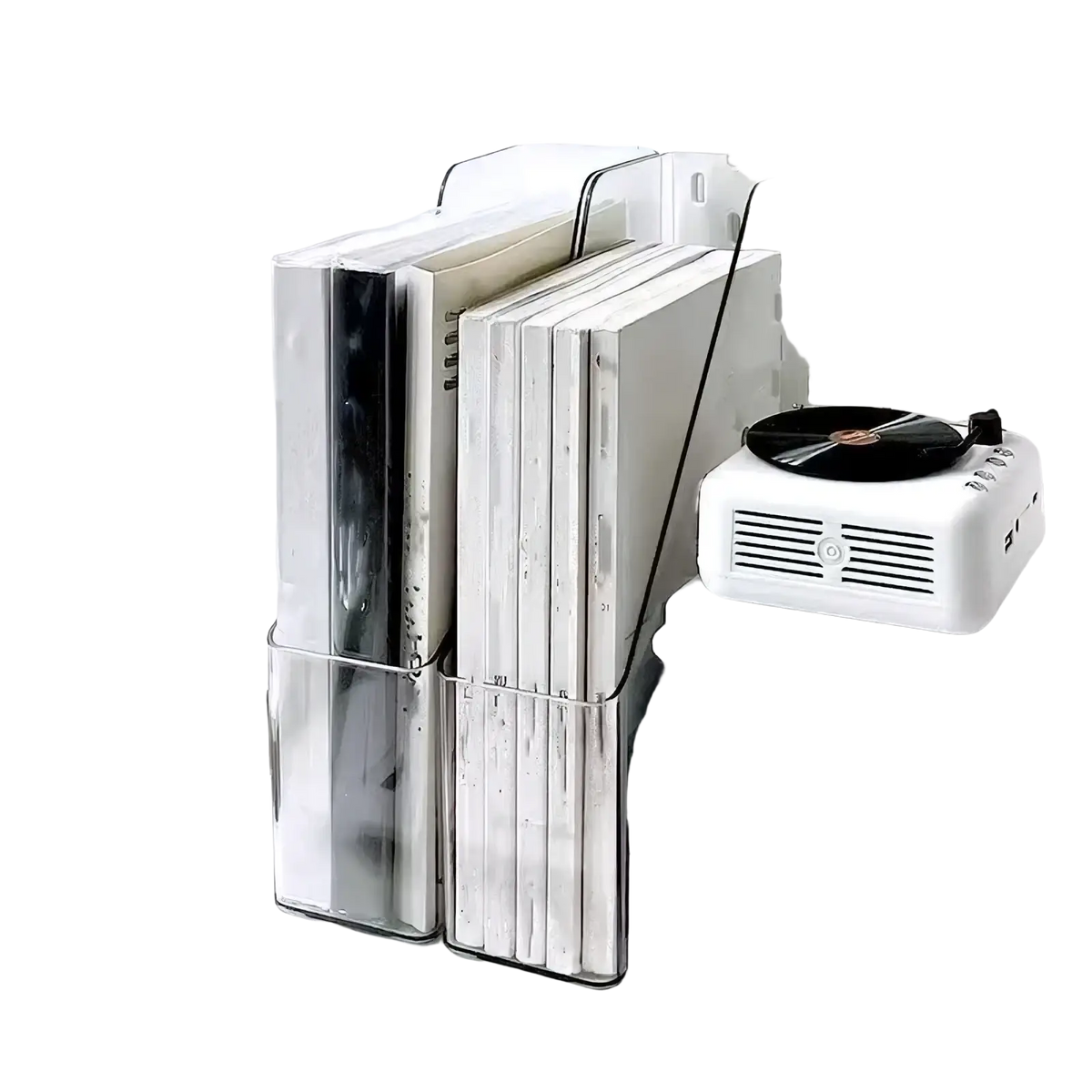 Clear acrylic desktop book stand and file organizer holding stacked binders for office use