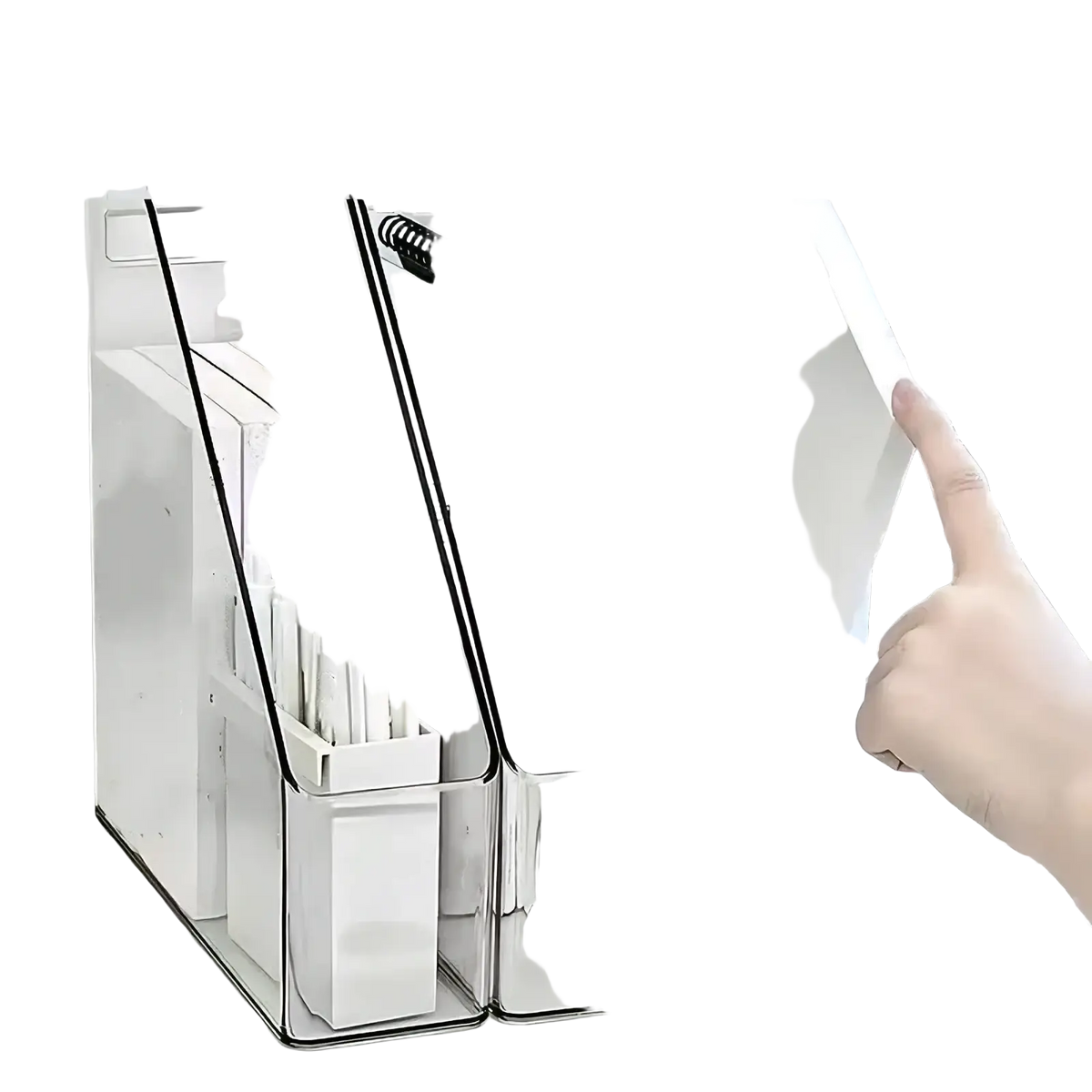 Clear acrylic desktop book stand and file organizer with white plastic compartments holding books and pens