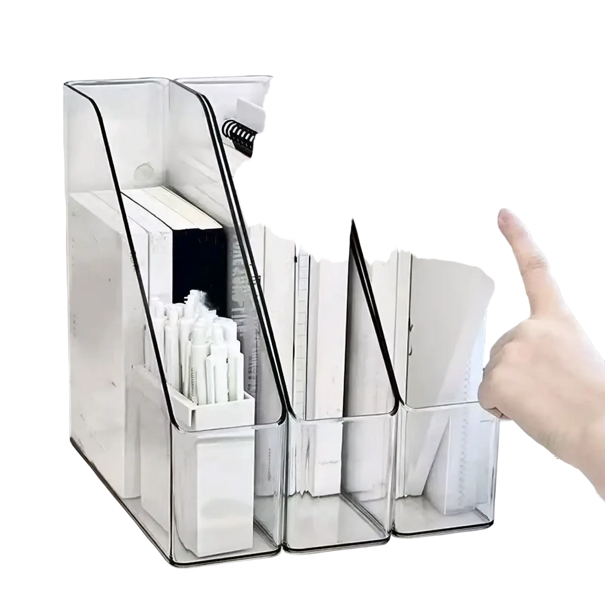 Clear acrylic desktop book stand and file organizer with black trim holding white notebooks and pens