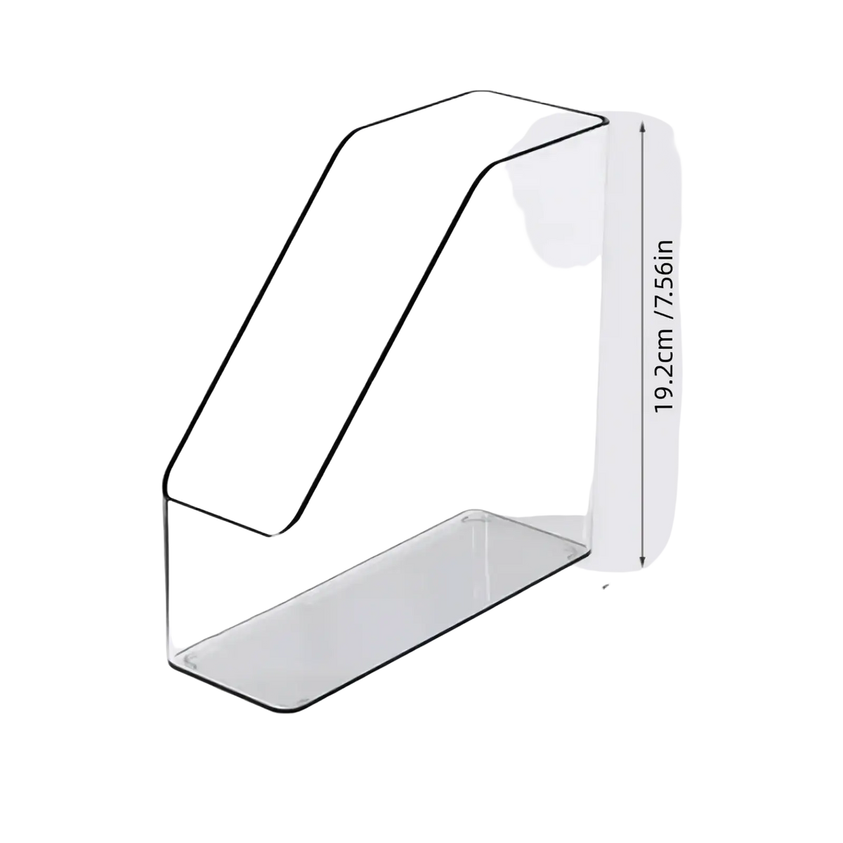 Clear acrylic desktop book stand and file organizer with sleek minimalist design and precise dimensions