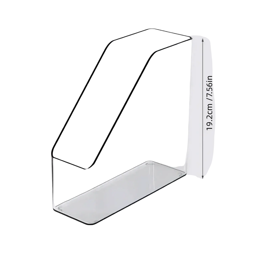 Clear acrylic desktop book stand and file organizer with sleek minimalist design and precise dimensions
