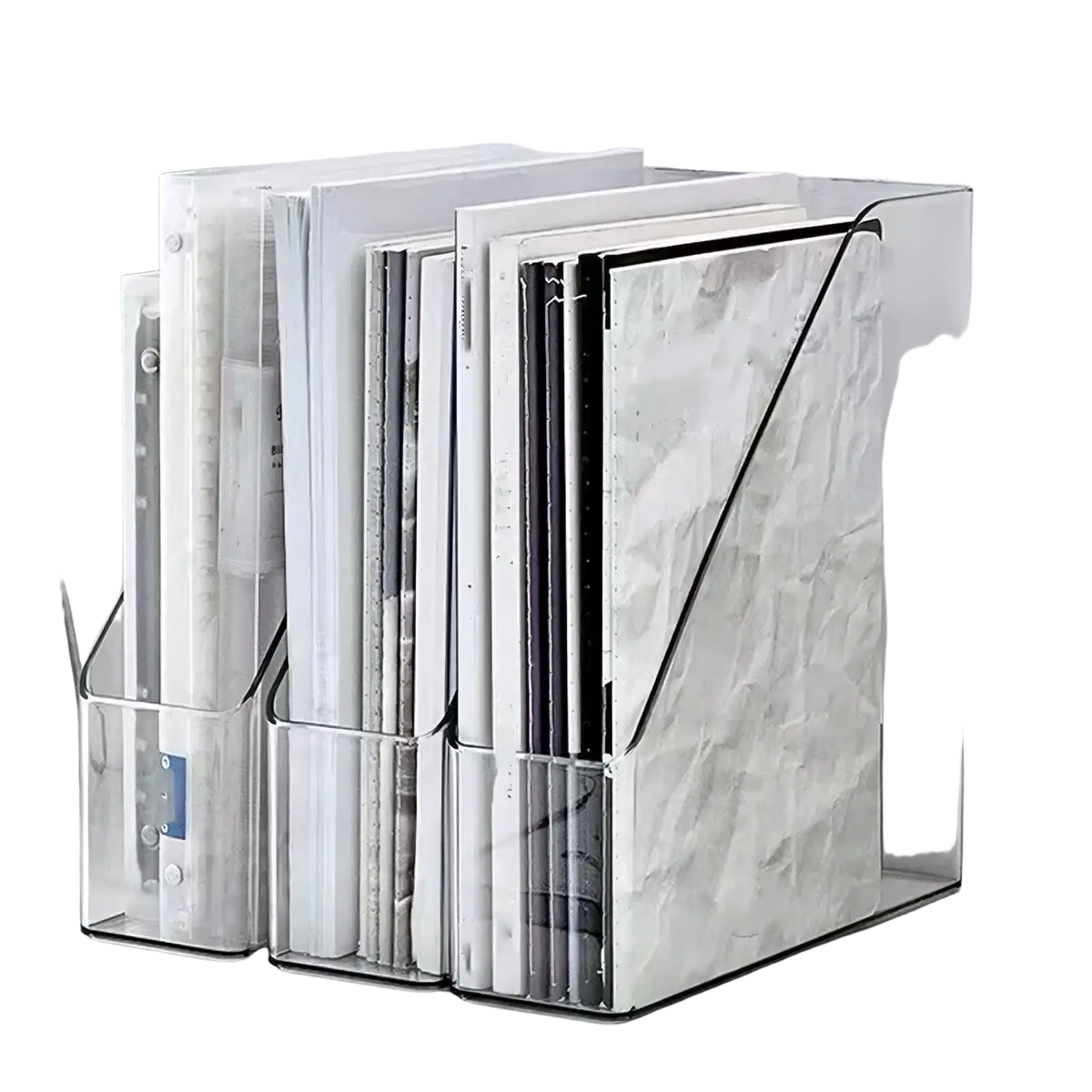 Clear acrylic desktop book stand and file organizer with marble-patterned front panel and black trim for documents