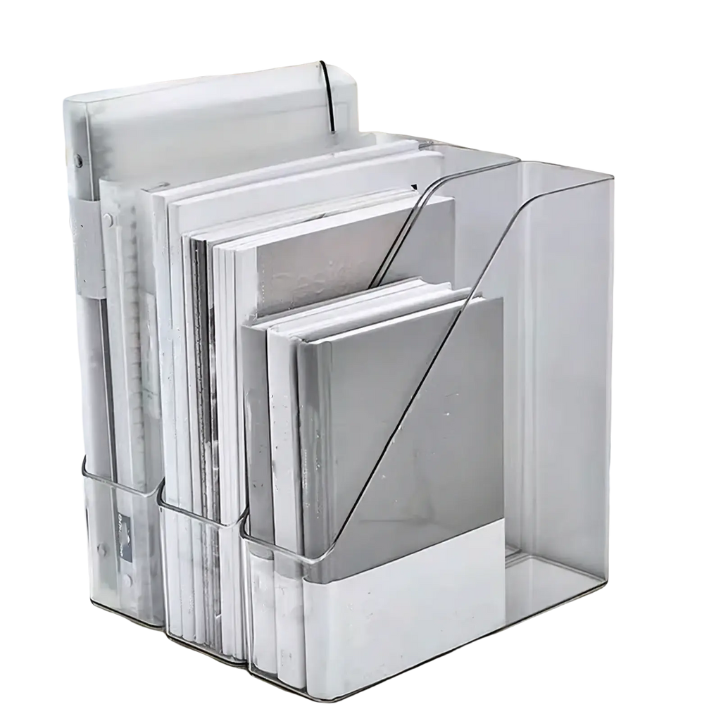 Clear plastic acrylic desktop book stand and file organizer with white base silver metal accents holding folders
