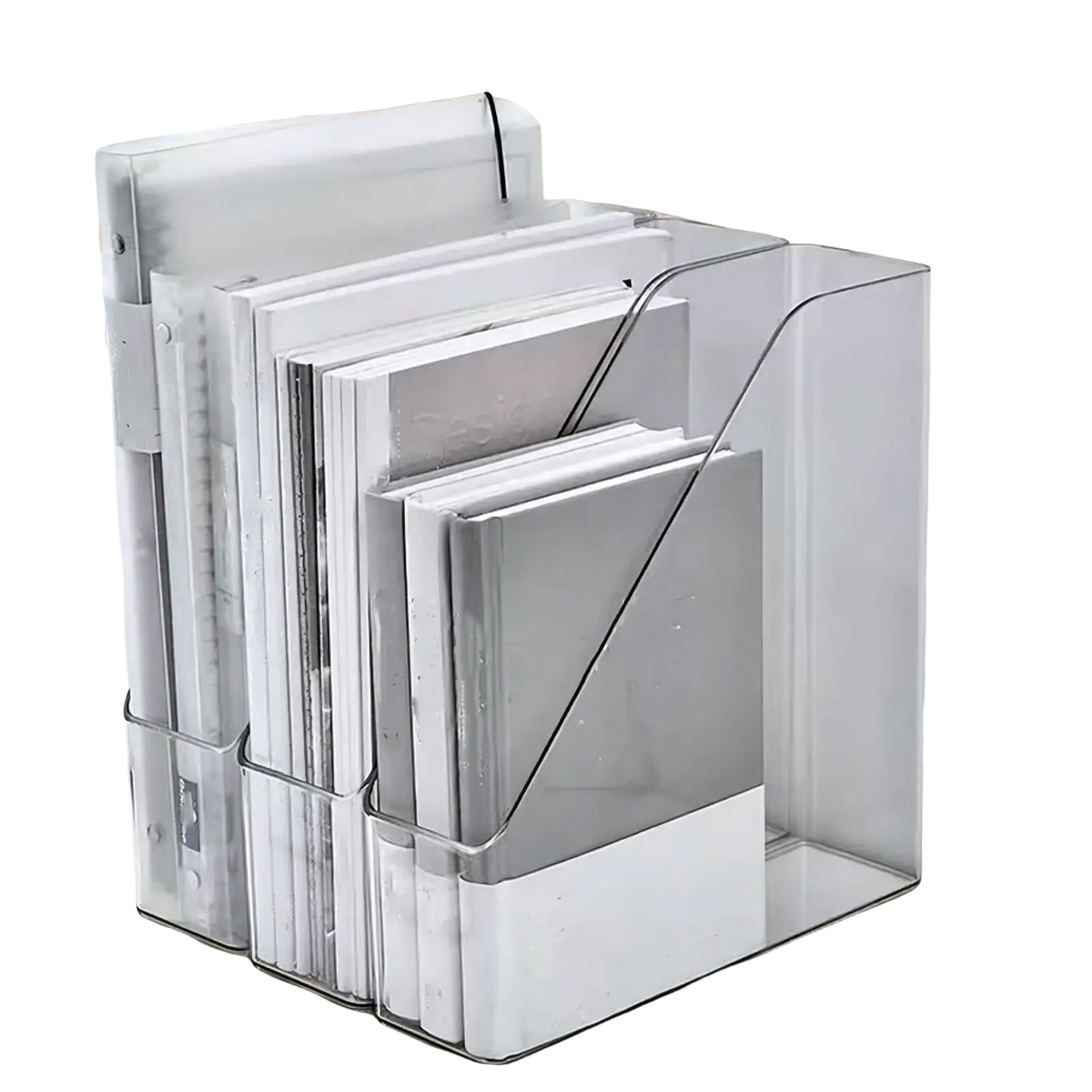 Clear plastic acrylic desktop book stand and file organizer with white base silver metal accents holding folders