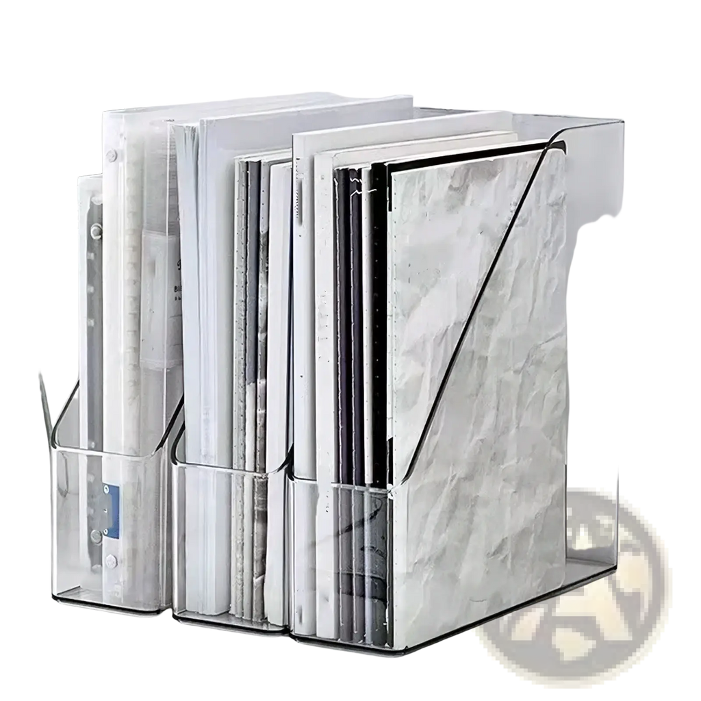Clear acrylic desktop book stand and file organizer with marble-patterned front panel and black trim for documents
