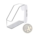 Clear acrylic desktop book stand and file organizer with sleek minimalist design and precise dimensions