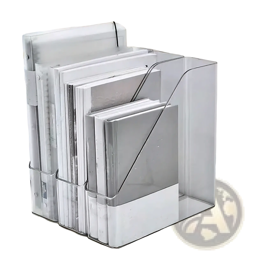 Clear plastic acrylic desktop book stand and file organizer with white base silver metal accents holding folders