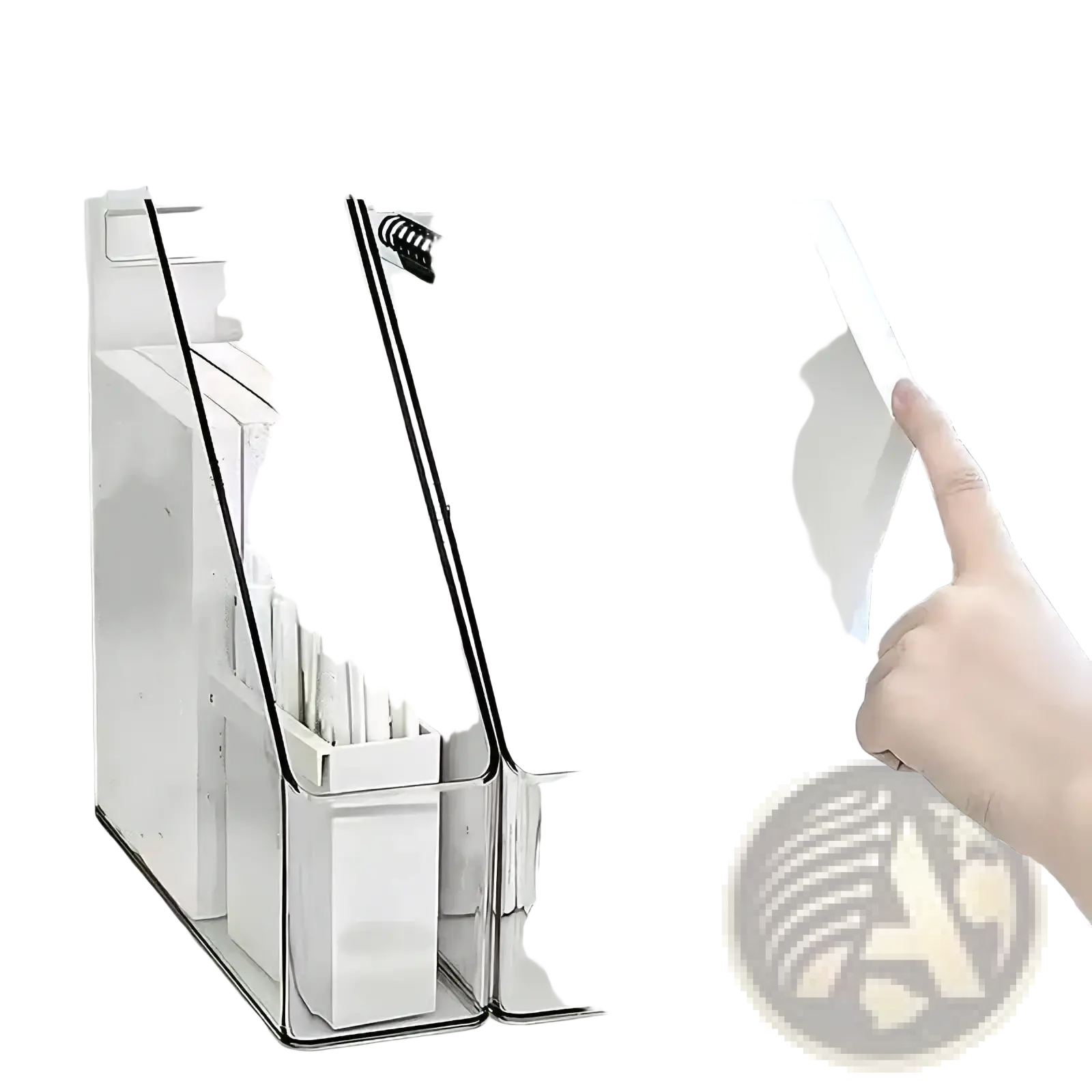 Clear acrylic desktop book stand and file organizer with white plastic compartments holding books and pens