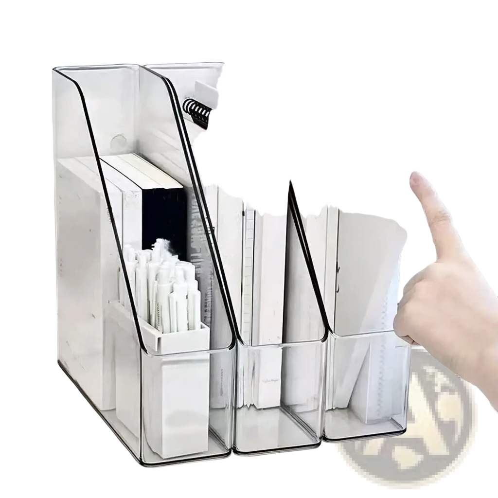 Clear acrylic desktop book stand and file organizer with black trim holding white notebooks and pens