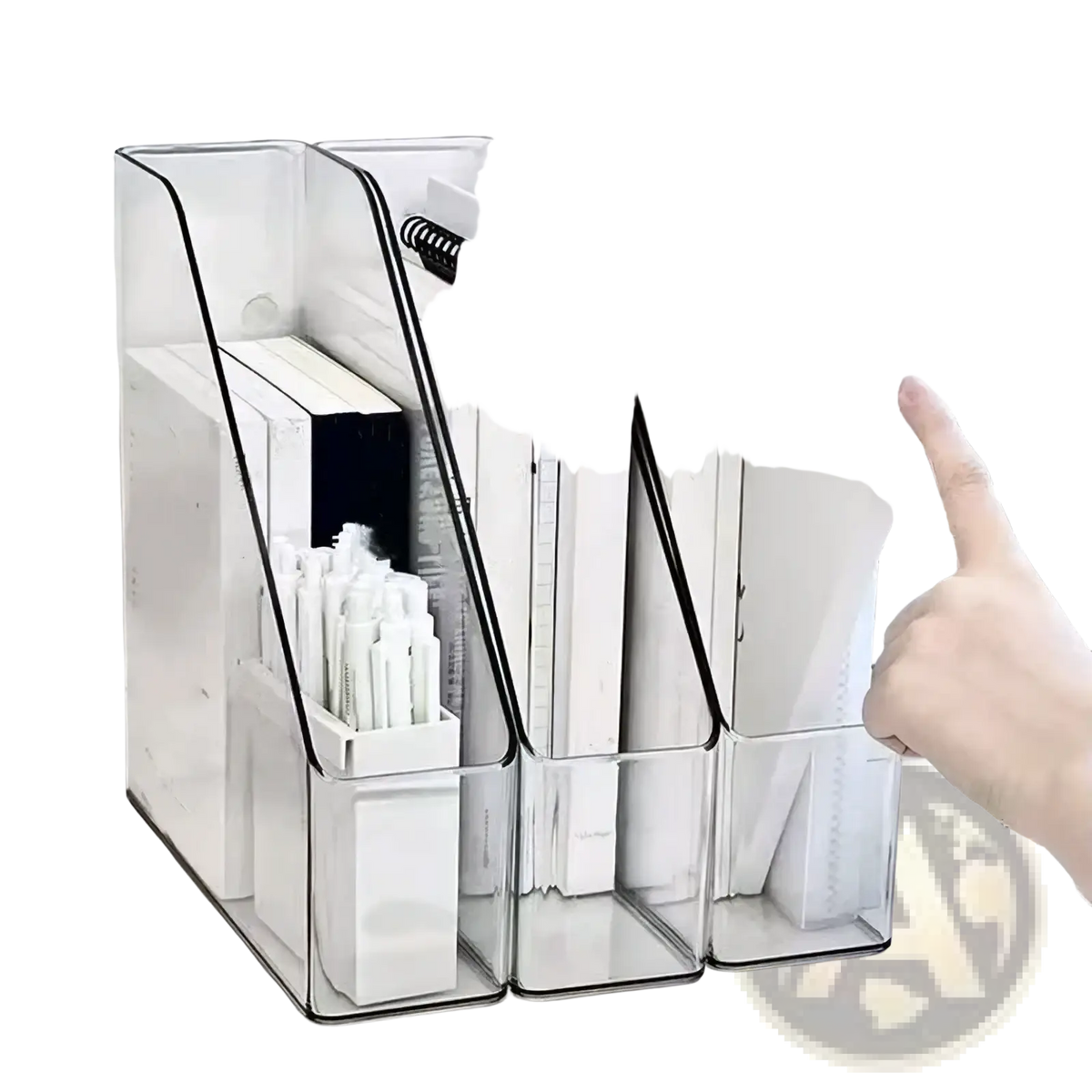 Clear acrylic desktop book stand and file organizer with black trim holding white notebooks and pens