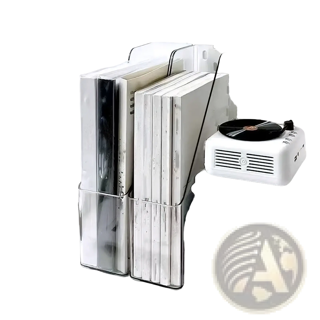Clear acrylic desktop book stand and file organizer holding stacked binders for office use