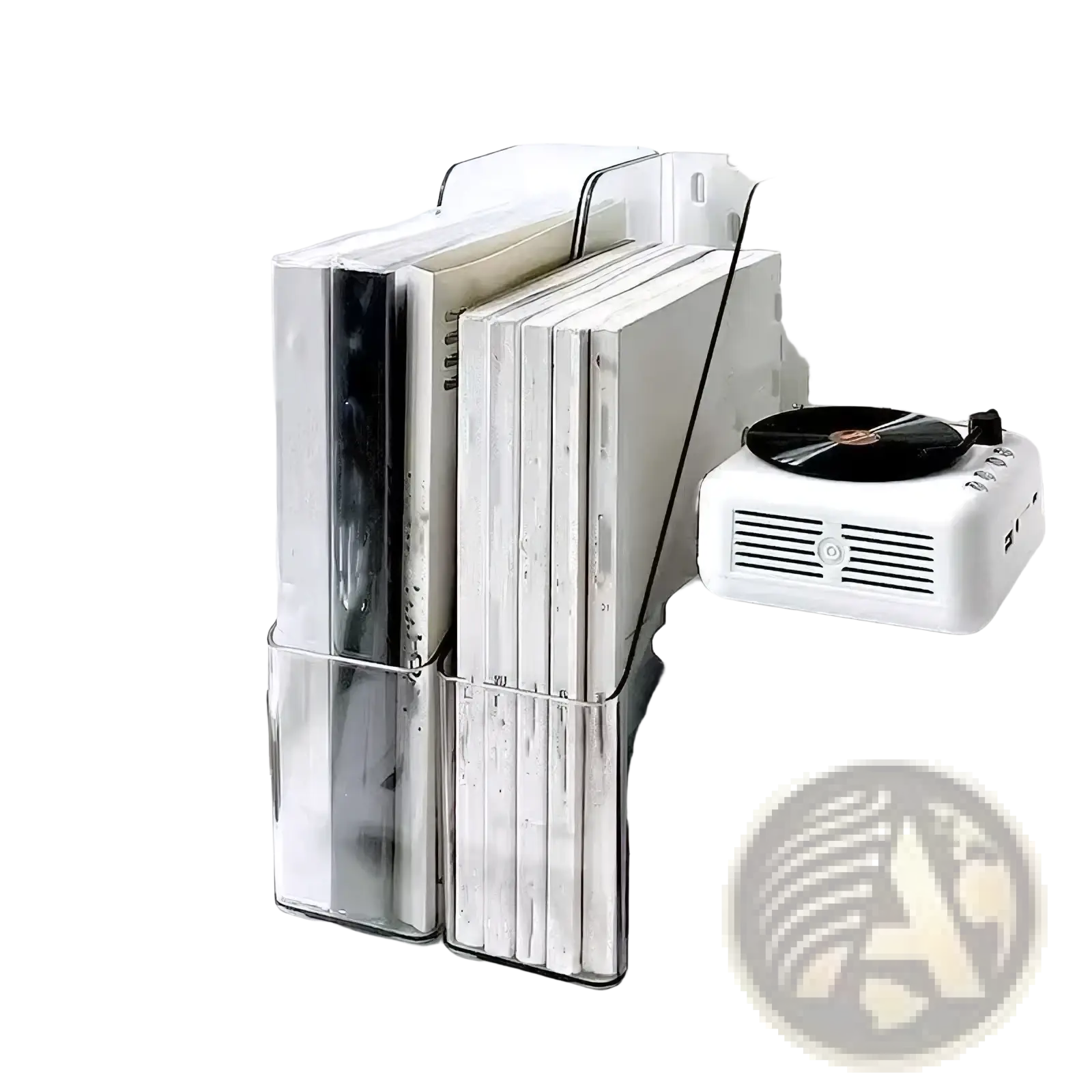Clear acrylic desktop book stand and file organizer holding stacked binders for office use