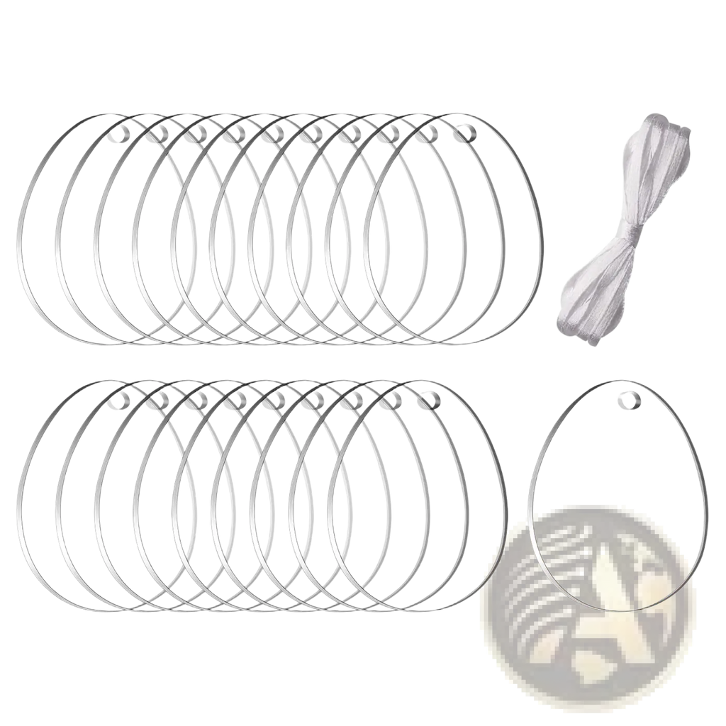 Clear oval-shaped acrylic Easter egg blank ornaments with a small hole for hanging available in sets of 30 or 50 pcs
