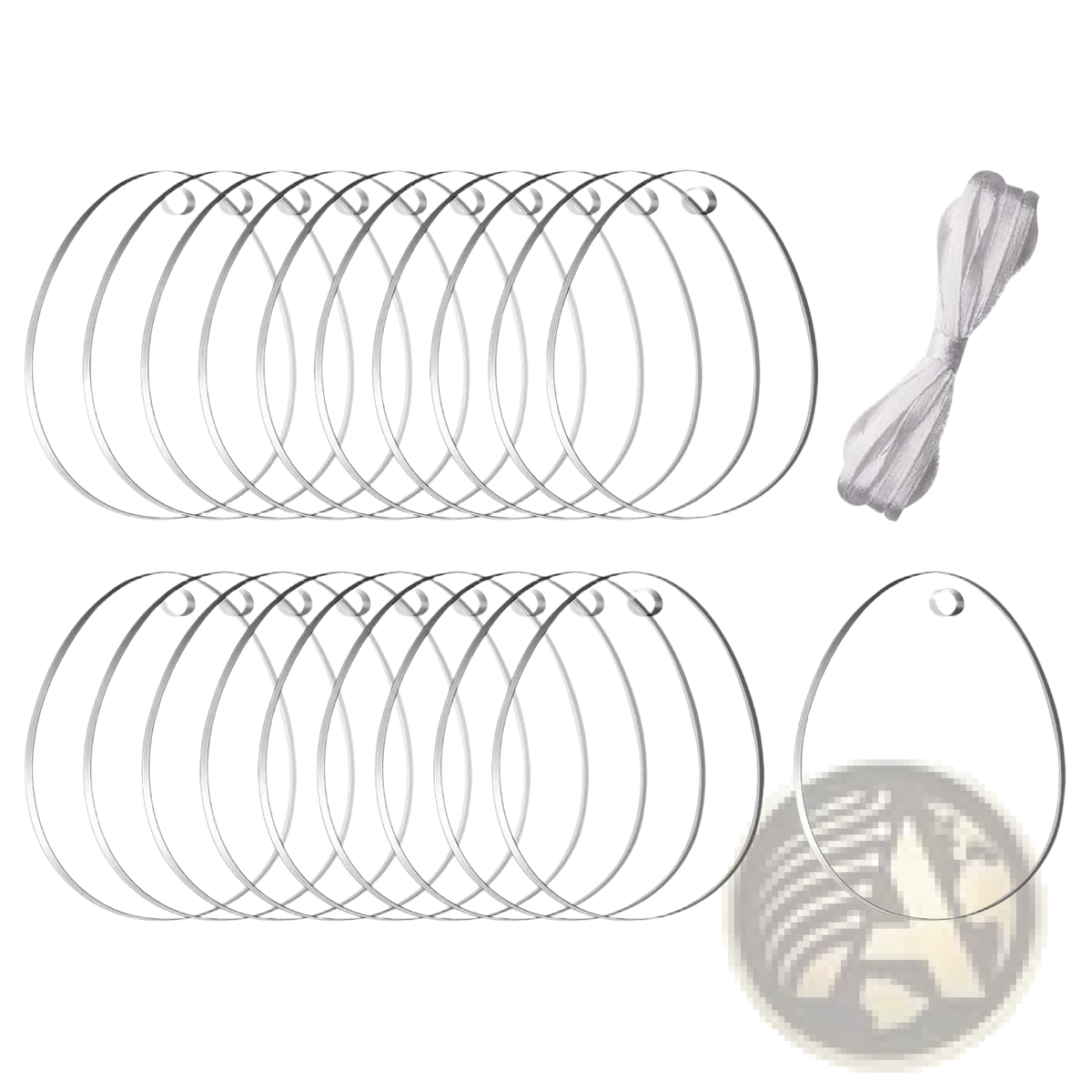 Clear oval-shaped acrylic Easter egg blank ornaments with a small hole for hanging available in sets of 30 or 50 pcs