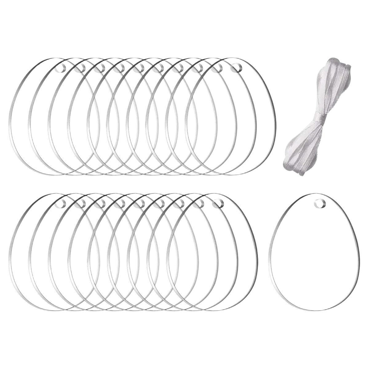 Set of ten silver-toned metal curtain rings with sheer white ribbon for acrylic easter egg blank ornaments