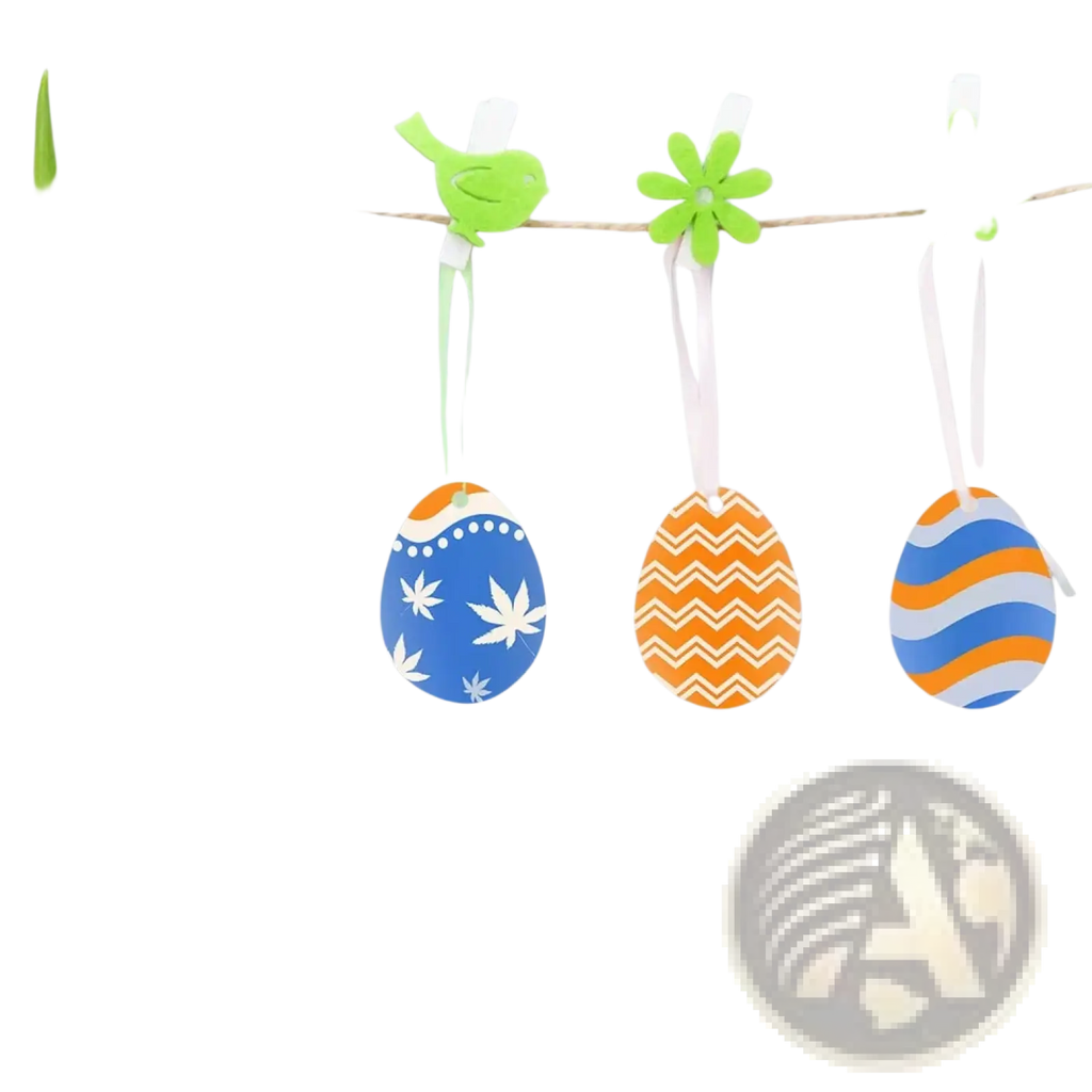 Three colorful patterned acrylic easter egg blank ornaments hanging with green bird and flower clips