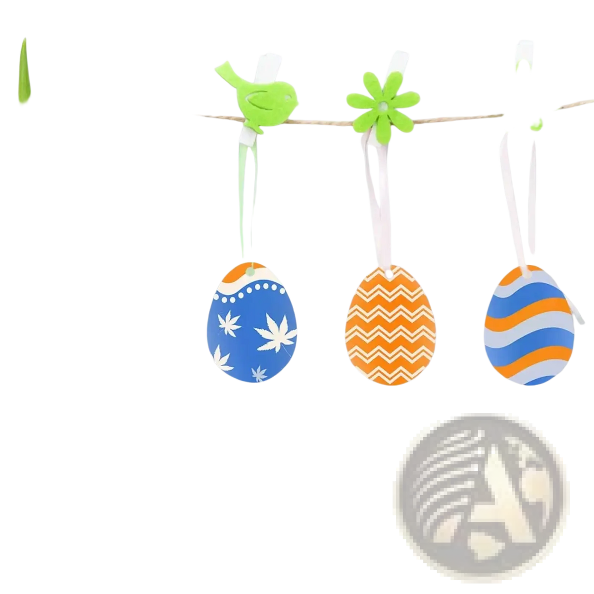 Three colorful patterned acrylic easter egg blank ornaments hanging with green bird and flower clips