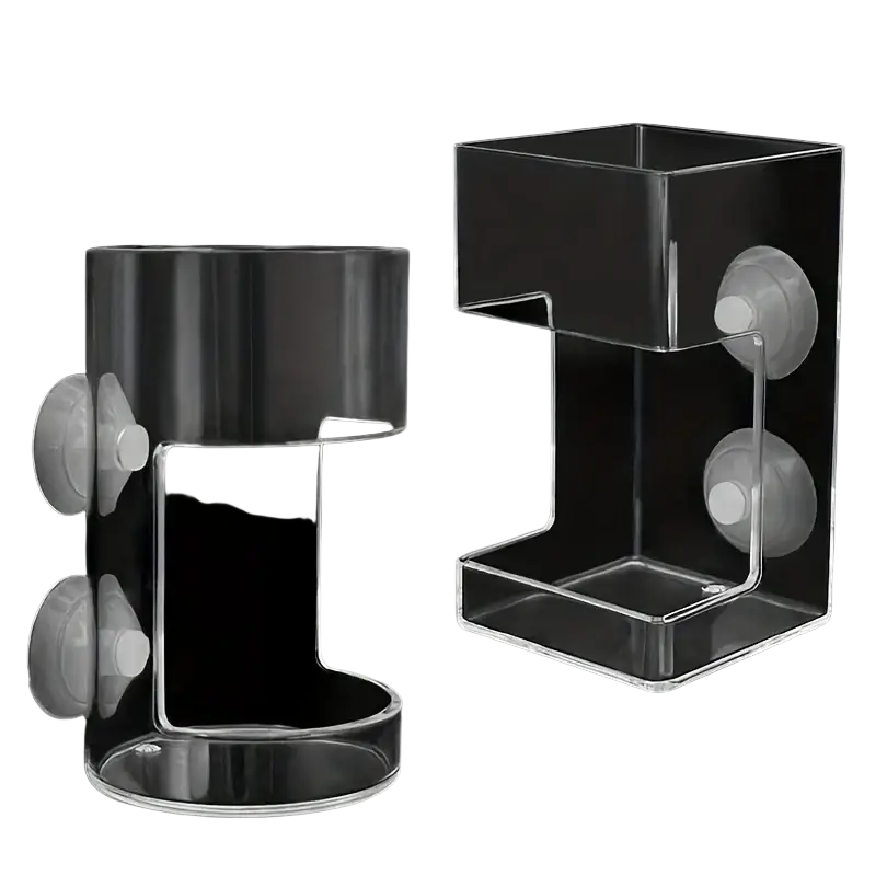 Clear acrylic floating fish feeder ring with cylindrical and rectangular suction cup holders for aquarium use