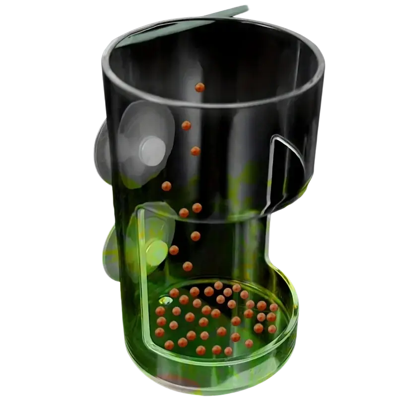 Clear plastic acrylic floating fish feeder ring with suction cups and handle holding orange fish food pellets