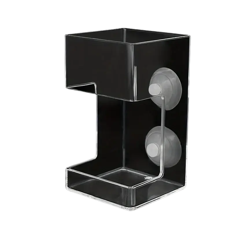 Clear acrylic floating fish feeder ring with two circular suction cups for secure wall-mounted attachment
